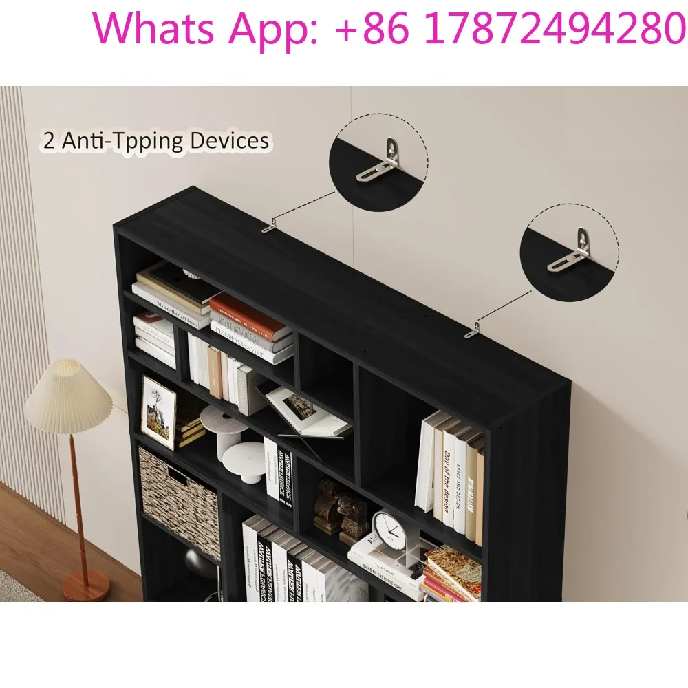 Large Bookcase with 6 Open Shelves & 2 Baskets - Heavy Duty Storage Shelf