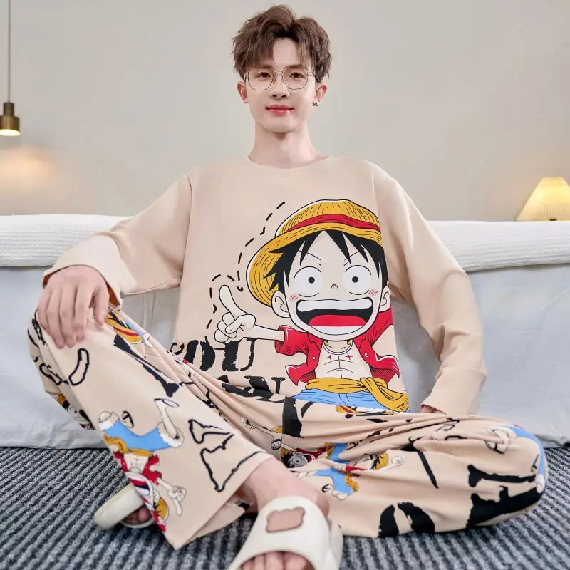 

Цельный мультфильм Луффи, милые брюки с длинными рукавами и принтом, весенне-осенний мягкий и удобный молодежный домашний пижамный комплект