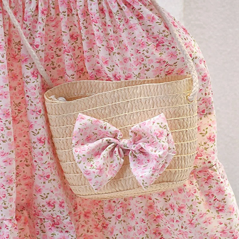 Cute Floral Patter Pettiskirt for Kids Girls Summer Fashion Dress with Shoulder Bags for Sweet Princess Children Casual Dress