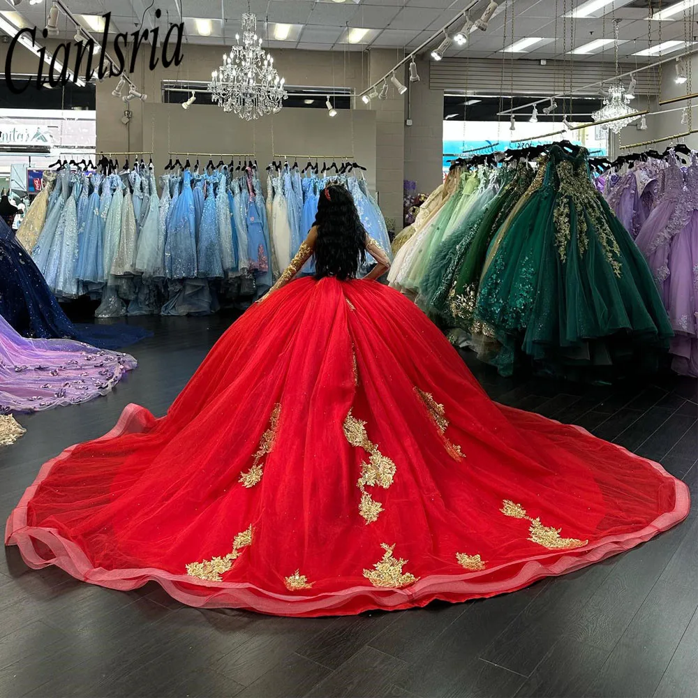 Gorgeous  Red  Quinceanera Dresses Gold Applique Ball Gown Princess Birthday Party Sweet 16 vestidos de 15