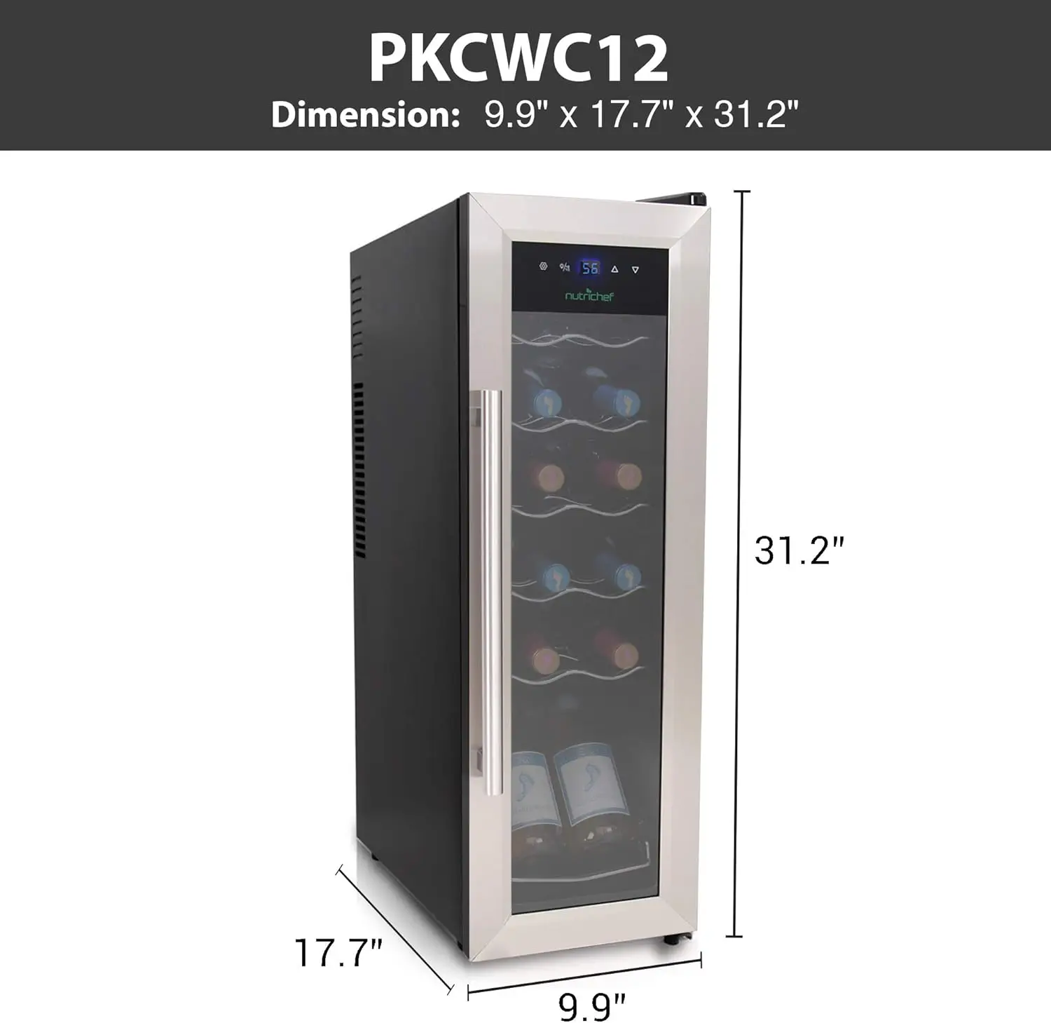 PKCWC12 12 Bottle Cooler Refrigerator White and Red Countertop Chiller, Freestanding Compact Mini Wine Fridge with Digital Contr