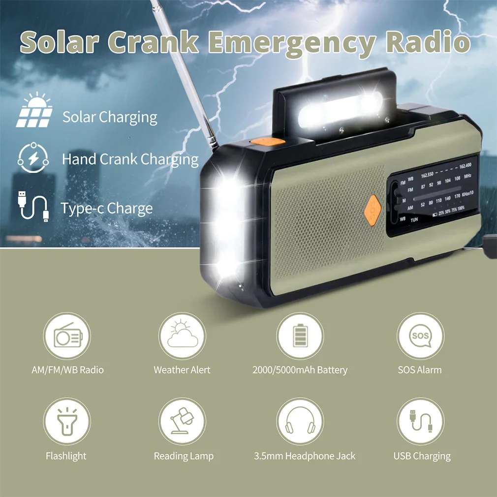 

2000mAh Weather Radio Emergency Radio Solar Hand Crank FM AM NOAA Radio USB Rechargeable Power Bank LED Flashlight SOS Alarm