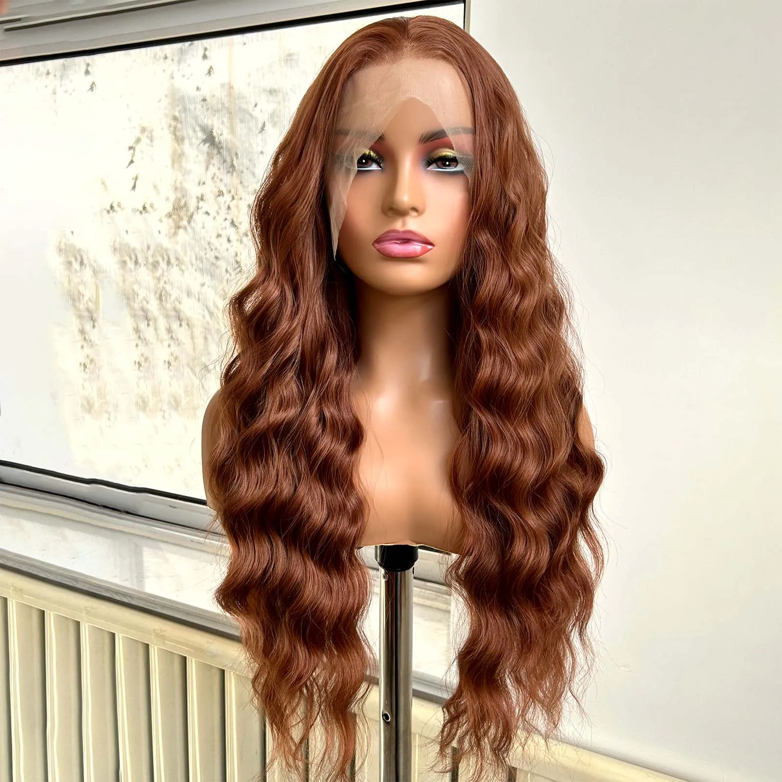 Ginger Brown Wig Long Curly Wavy Synthetic Middle Part Loose Deep Wave Auburn Colored 13X4 Frontal Wigs for Women Daily Party