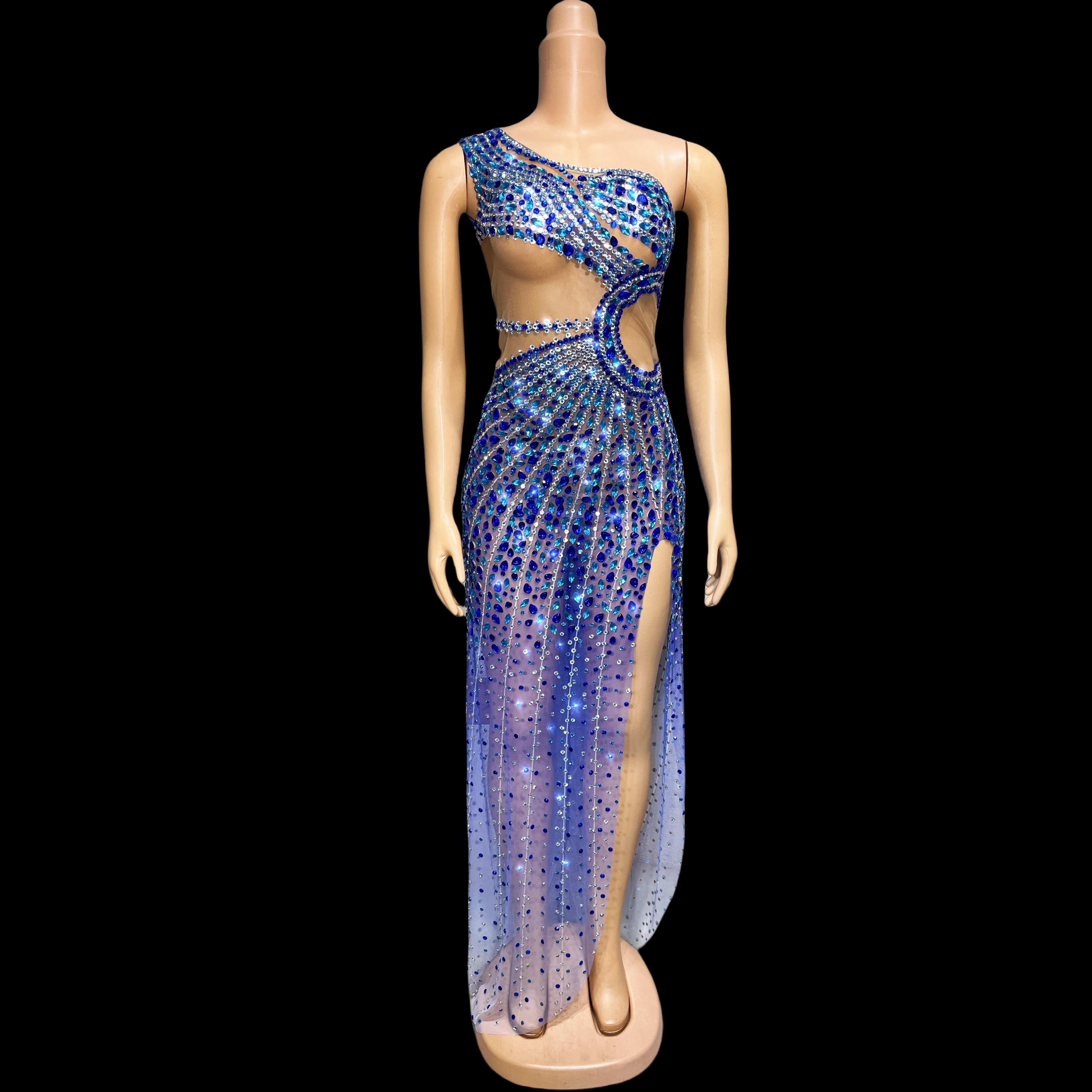 Flashing Blue Silver Rhinestones Birthday Celebrate Transparent See Through Dress Mesh Sexy Costume Fancy Outfit lanlan