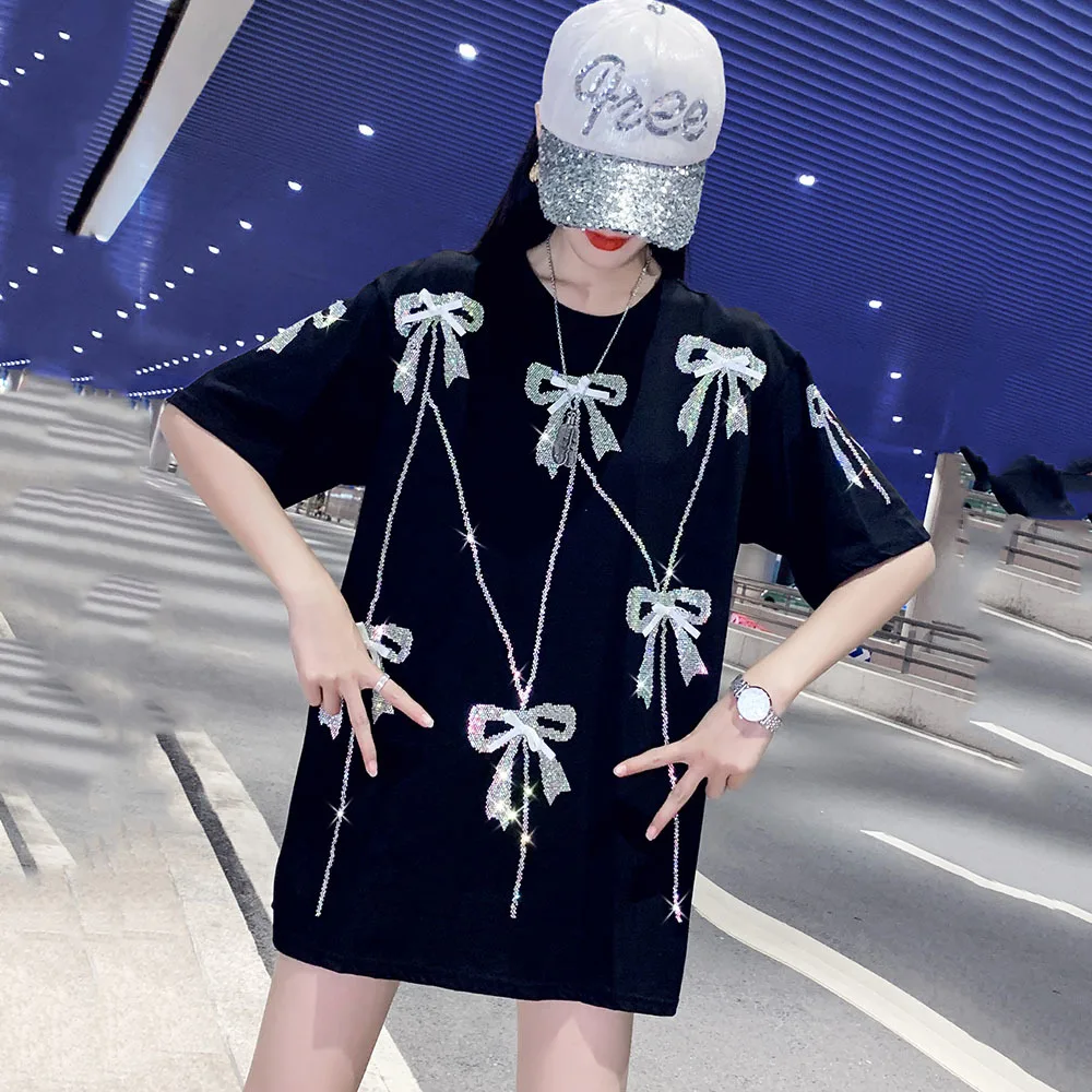 2022 Summer Fashion Streetwear Rhinestone Bow T-Shirt Women Casual Loose Tees Lady Tops S-4XL 40-150KG