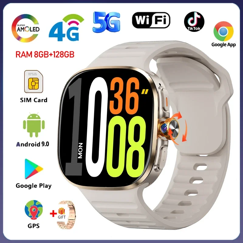 5G/4G Android 9.0 Smart Watch 2.40 inch 720*720 AMOLED HD 900W Camera Call 8GB+128GB RAM 2100mAh GPS WIFI Google APPS Smartwatch