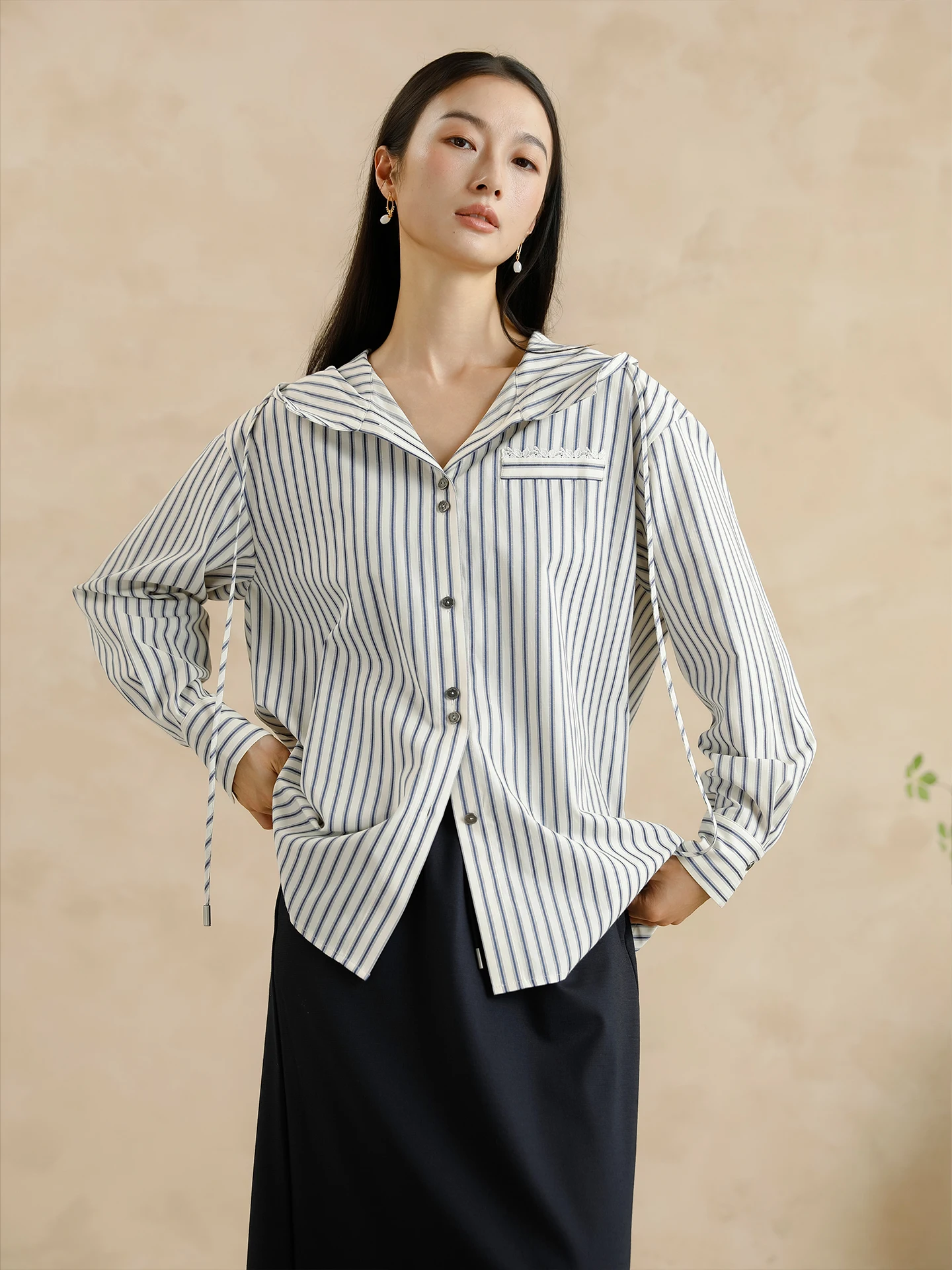 

Ele Commuter Striped Hooded Open Cardigan Loose Casual Top Women's New Sle Autumn 2025 Interface Polyester Cotton Blend