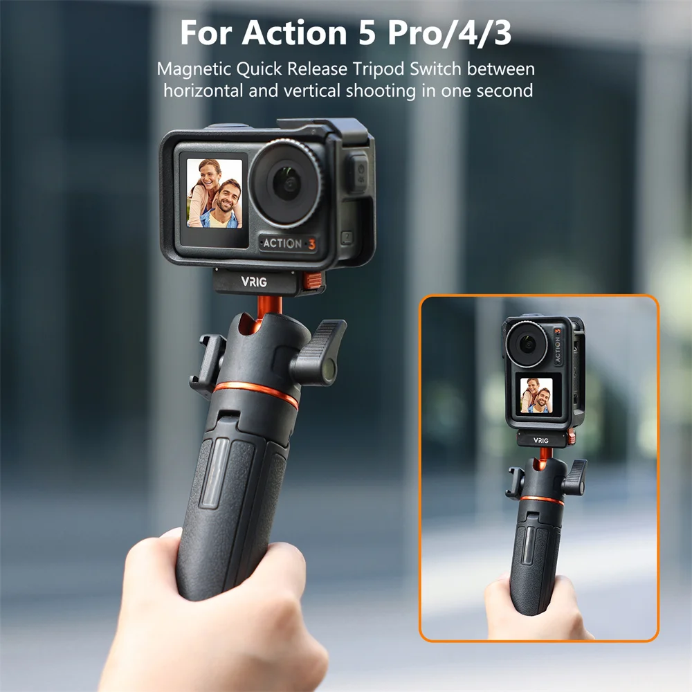 VRIG Magnetic Tripod for DJI Osmo Action 6 5 4 3 Adjustable Selfie Stick Stand Action Camera Accessories w 360 BallHead&ColdShoe