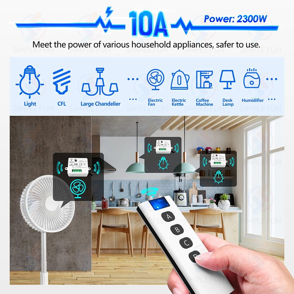 Mini interruttore della luce del telecomando Wireless 433MHz, trasmettitore 1/2/3/4 Gang 50m, modulo relè RF 110V 220V 10A, per ventola a LED ON OFF