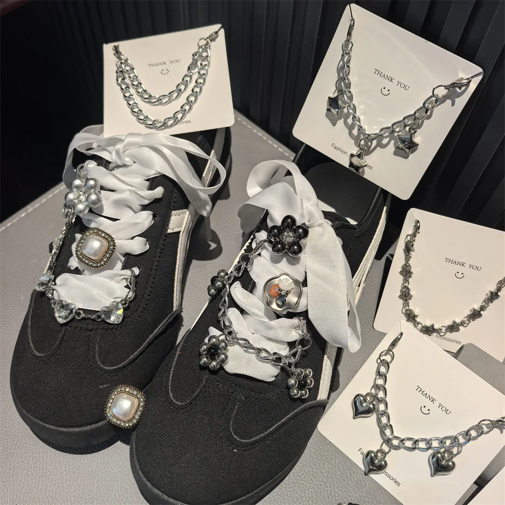 Shoe Charm Metal Punk Chain Decoration for Combat Boots Trainer Clog Star Heart Pearl Flower Buckle Silver Small Lightweight