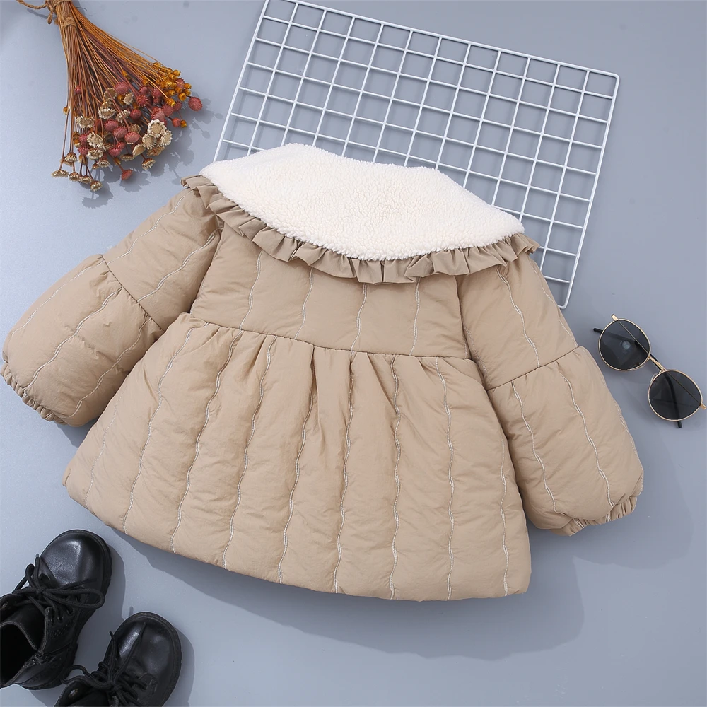 Cute Baby Girl Cotton Coat With Winter Lace Granular Velvet Big Collar Solid Color Single Breasted Cotton Jacket