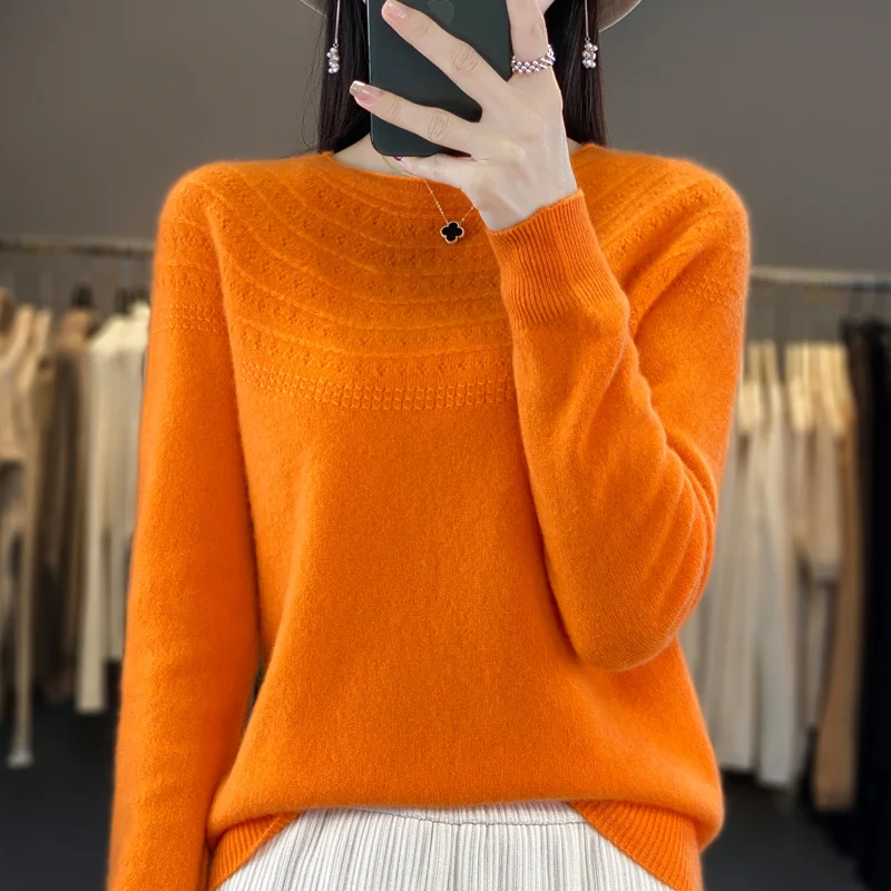 Autumn and winter new ladies 100% pure wool knitted O-neck solid color long sleeve loose slim fashion Joker pullover