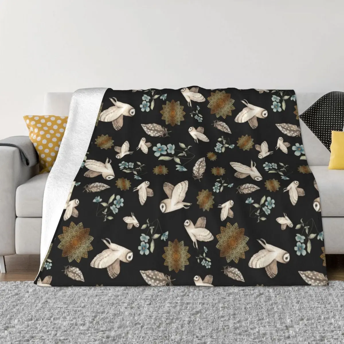 Barn Owl Pattern in black Throw Blanket Dorm Room Essentials Soft Bed Blankets funny gift