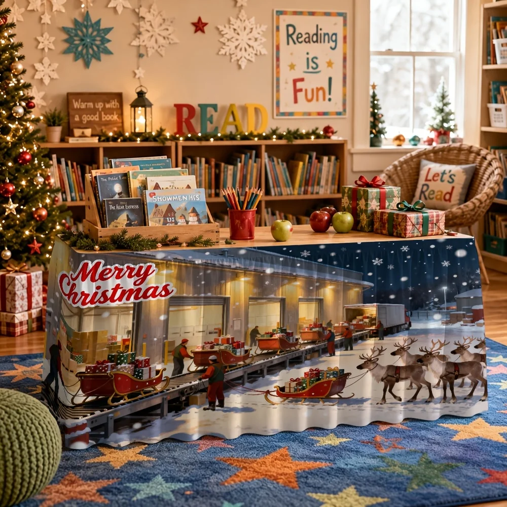 1 Christmas-themed tablecloth and table skirt with Santa sleigh gift print for a family Christmas decoration