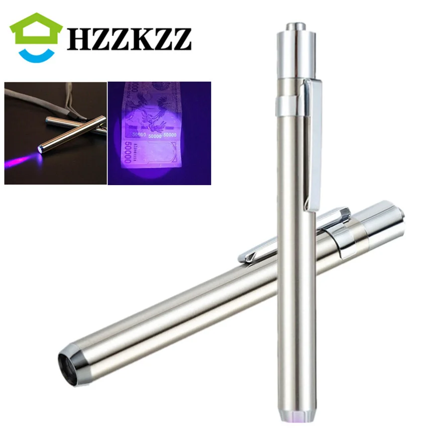 

HZZKZZ LED Mini Stainless Steel Lamp 395/365 UV Flashlight Torch Ultra Violet Light AAA Battery for Marker Checker Detection