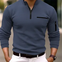 Moda nova luz de luxo luz maduro casual esportes masculinos listra zíper estilo retro ao ar livre grosso manga longa camisa polo