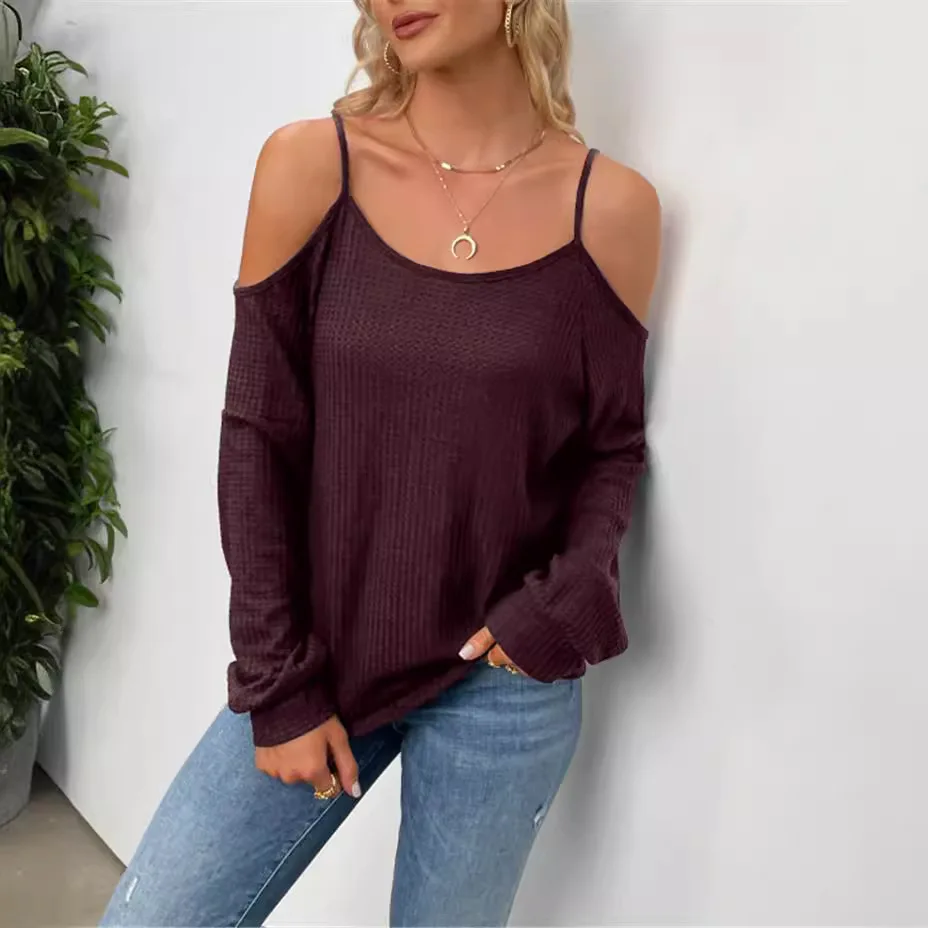 2024 Summer New Comfortable Casual Long Sleeve Waffle One Shoulder Suspender Tops for Women