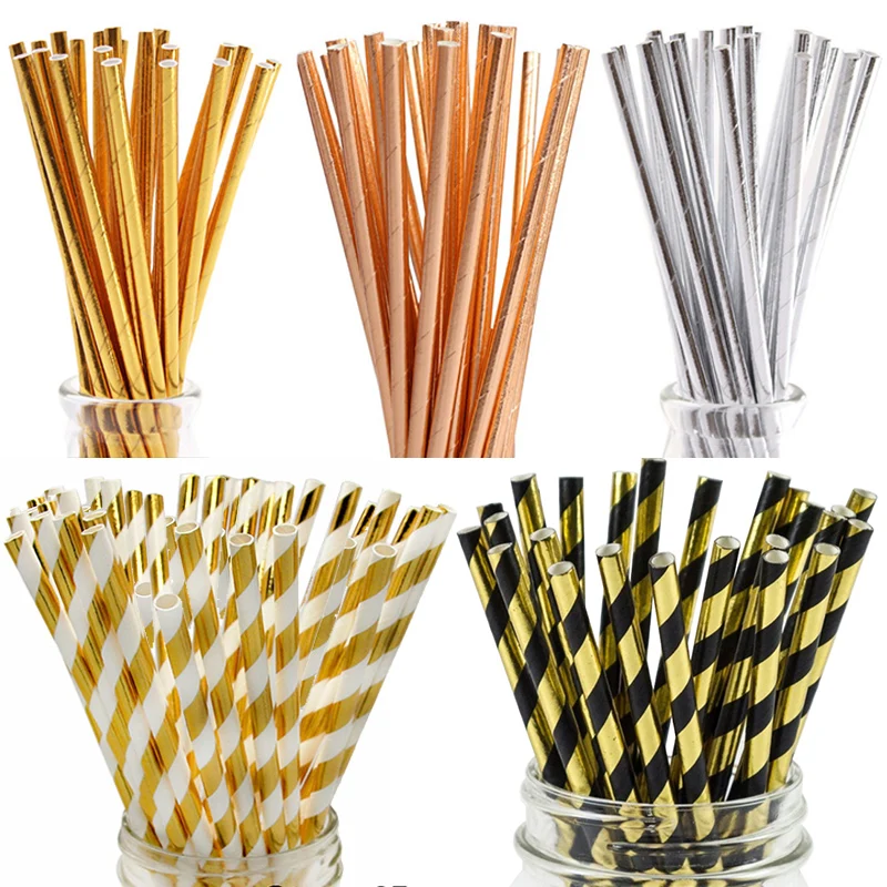 25pcs Rose Gold Party Birthday Straws Drinking Paper Straws Bachelor Party Kids Birthday Wedding Party Decoration Supplies