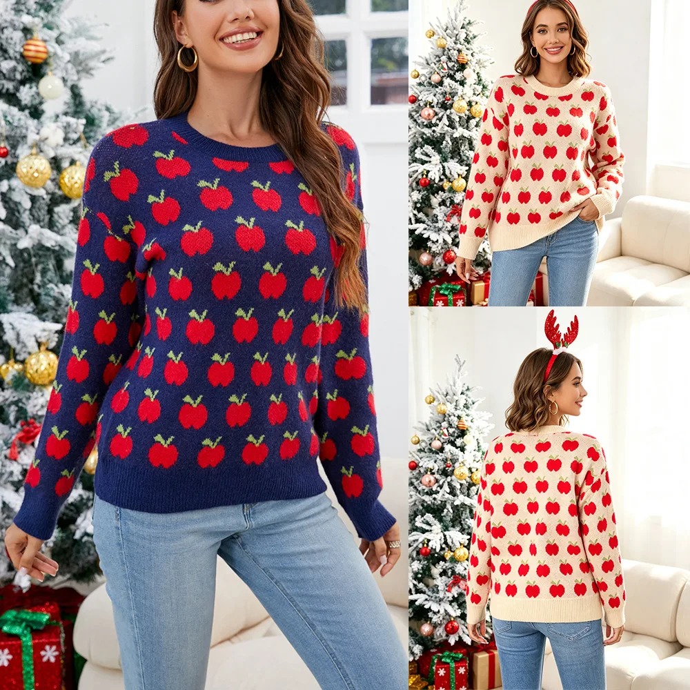 MsChuh Women's Sweaters And Pullovers Christmas Holiday Apple Print Crew Neck Knit Pullover Long Sleeve Loose Ropa Mujer Outfit