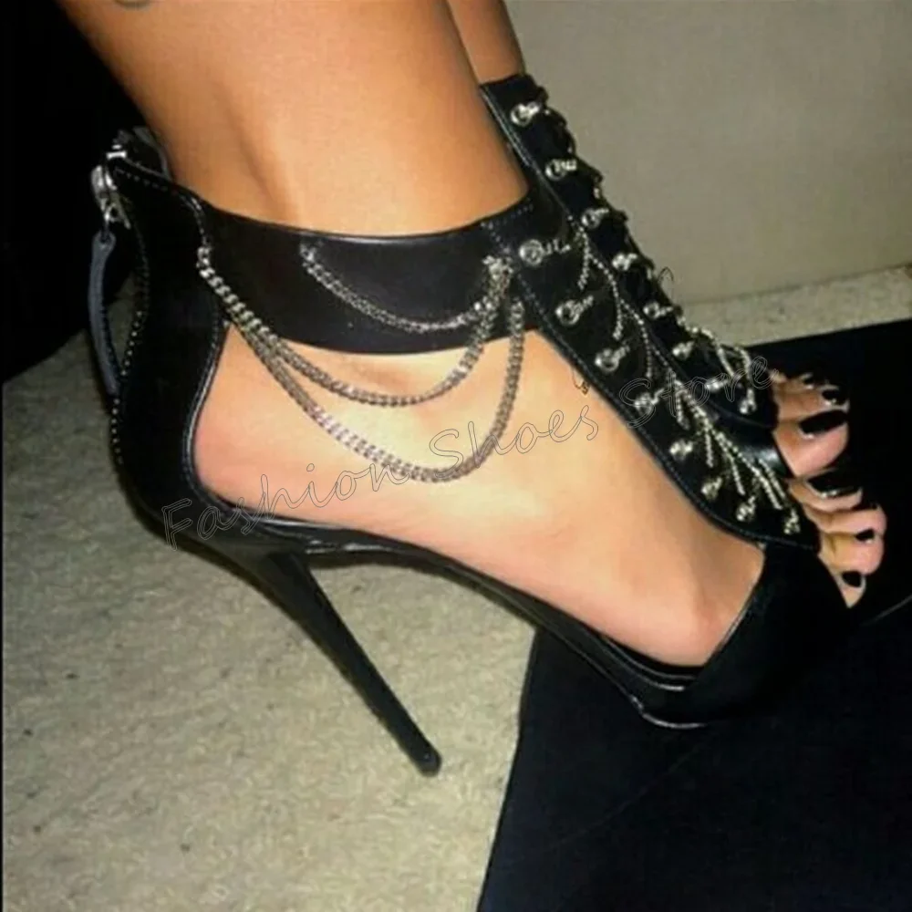 

Black Chain Decor Peep Toe Sandals Back Zipper Stilettos High Heels High Heel Shoes for Women Heels 2025 New Zapatos Para Mujere