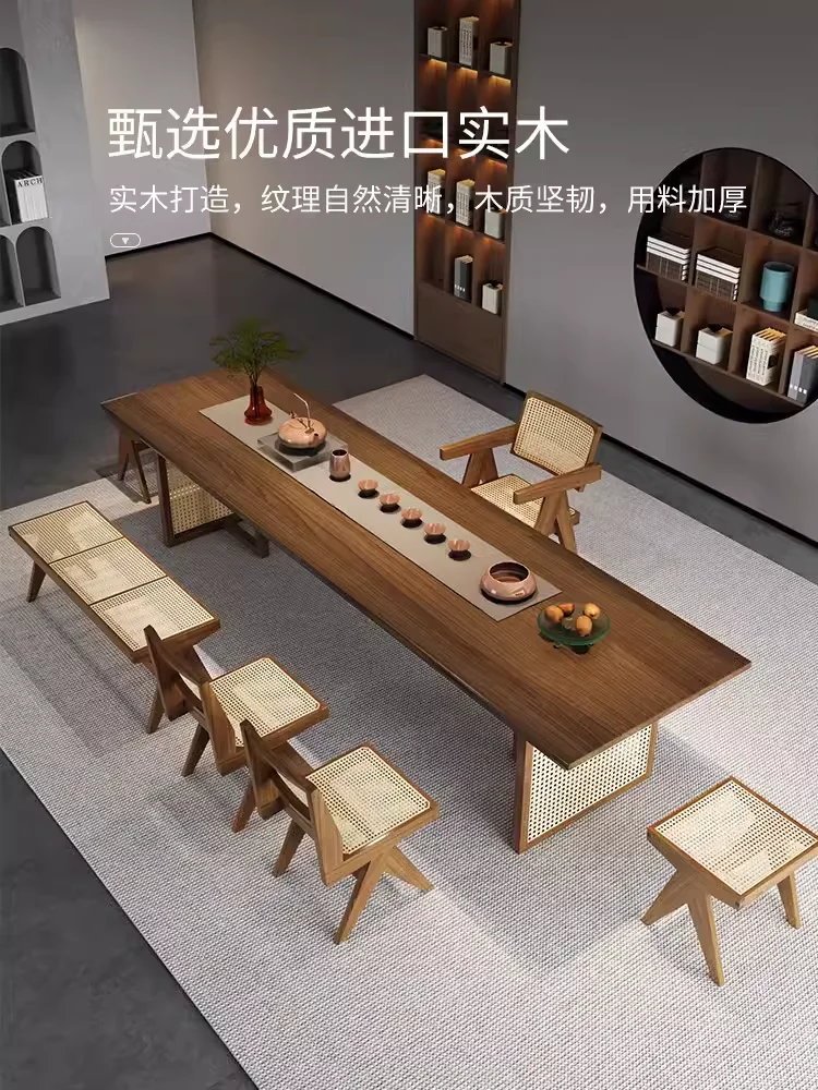 

Wabi wind balcony practical household large board kung fu tea table solid wood tea table and chair combination office solid wood