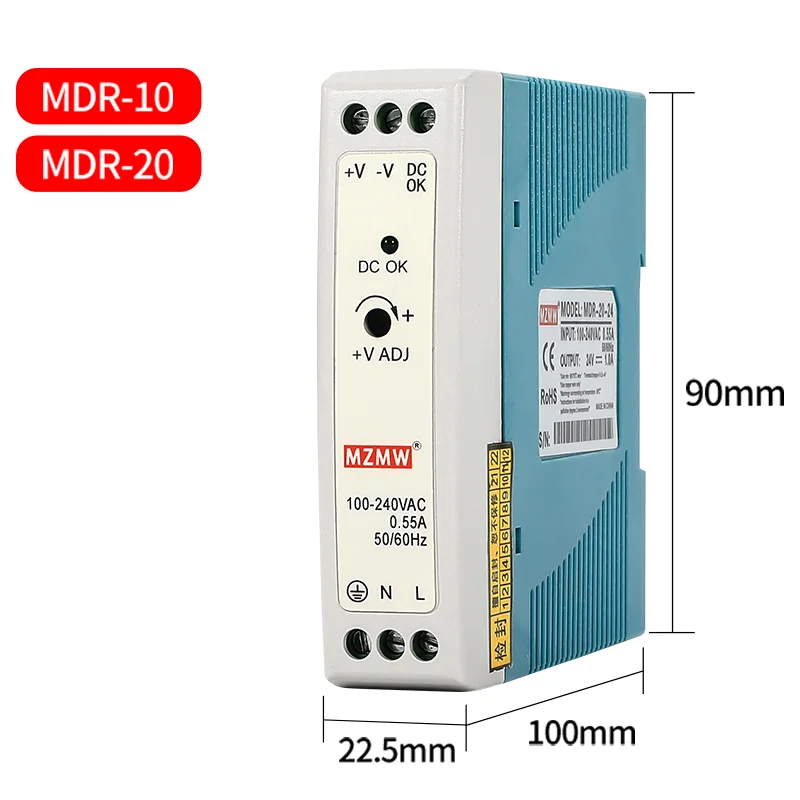 10W 20W DIN Rail Switching Power Supply MDR Series 5V 12V 24V 110V/220v AC To DC Industrial Stabilizer Transformer