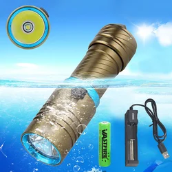 VASTFIR-linterna de buceo profesional, IPX8 resistente al agua, recargable por USB, 100M, 10000LM