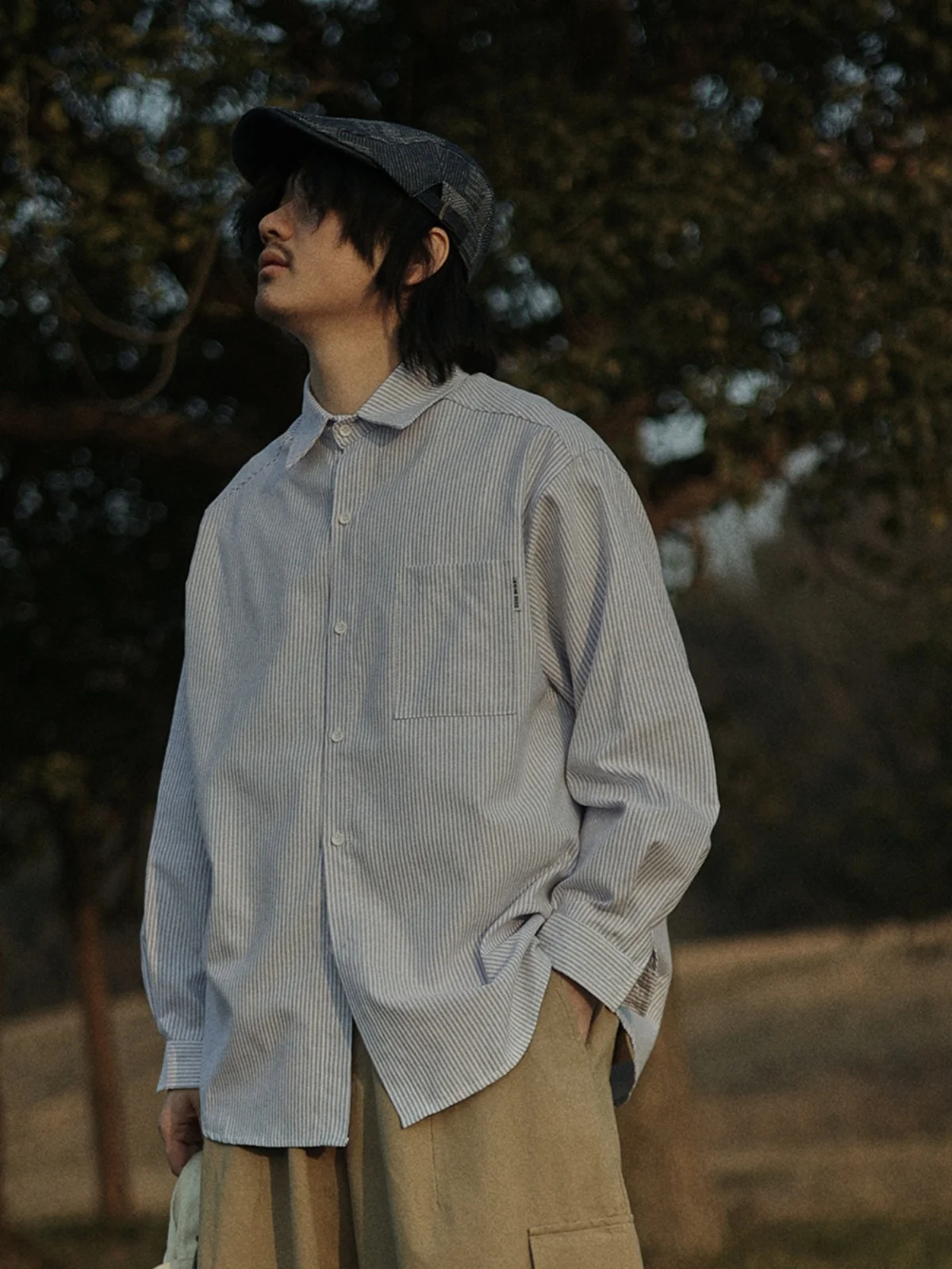 

Loose Casual Long Sleeve Striped Shirt Unisex Spring Fashion Cityboy Top Youth Style Square Collar Japanese Retro Design