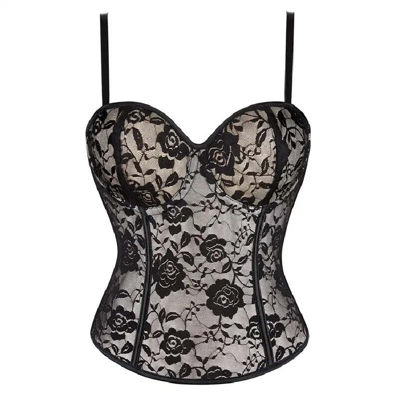 

Womens Vintage Fashion Sexy Lingerie Corset With Straps Push Up Bra Floral Lace Bustier Top Overbust Corselet Plus Size