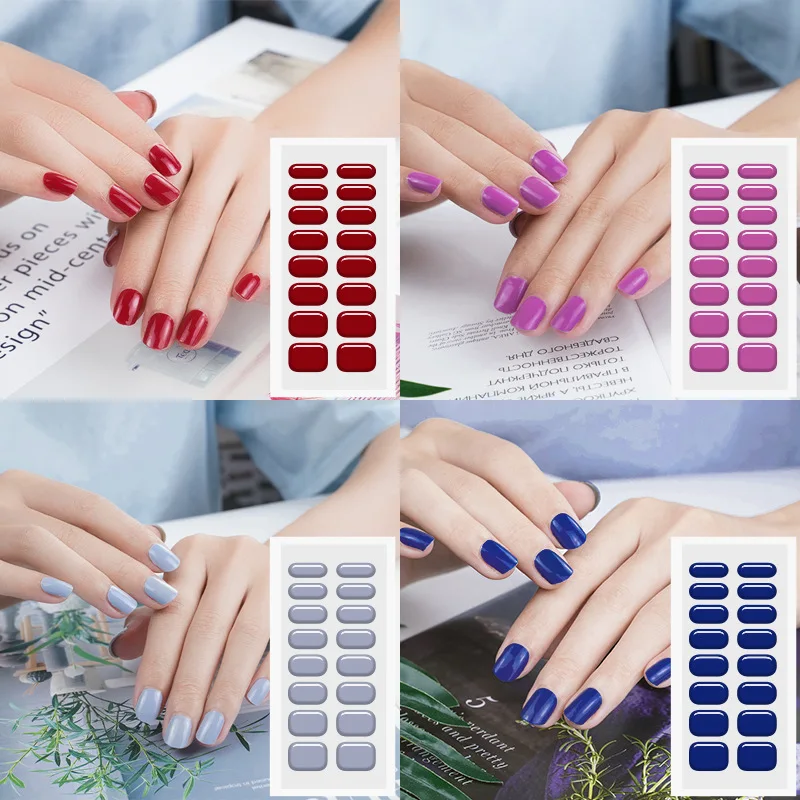 16 Tips Gel Manicure Solid Color Semi-cured Nail Stickers UV Lamp Need Full Cover Nail Decals  Nail Decoration