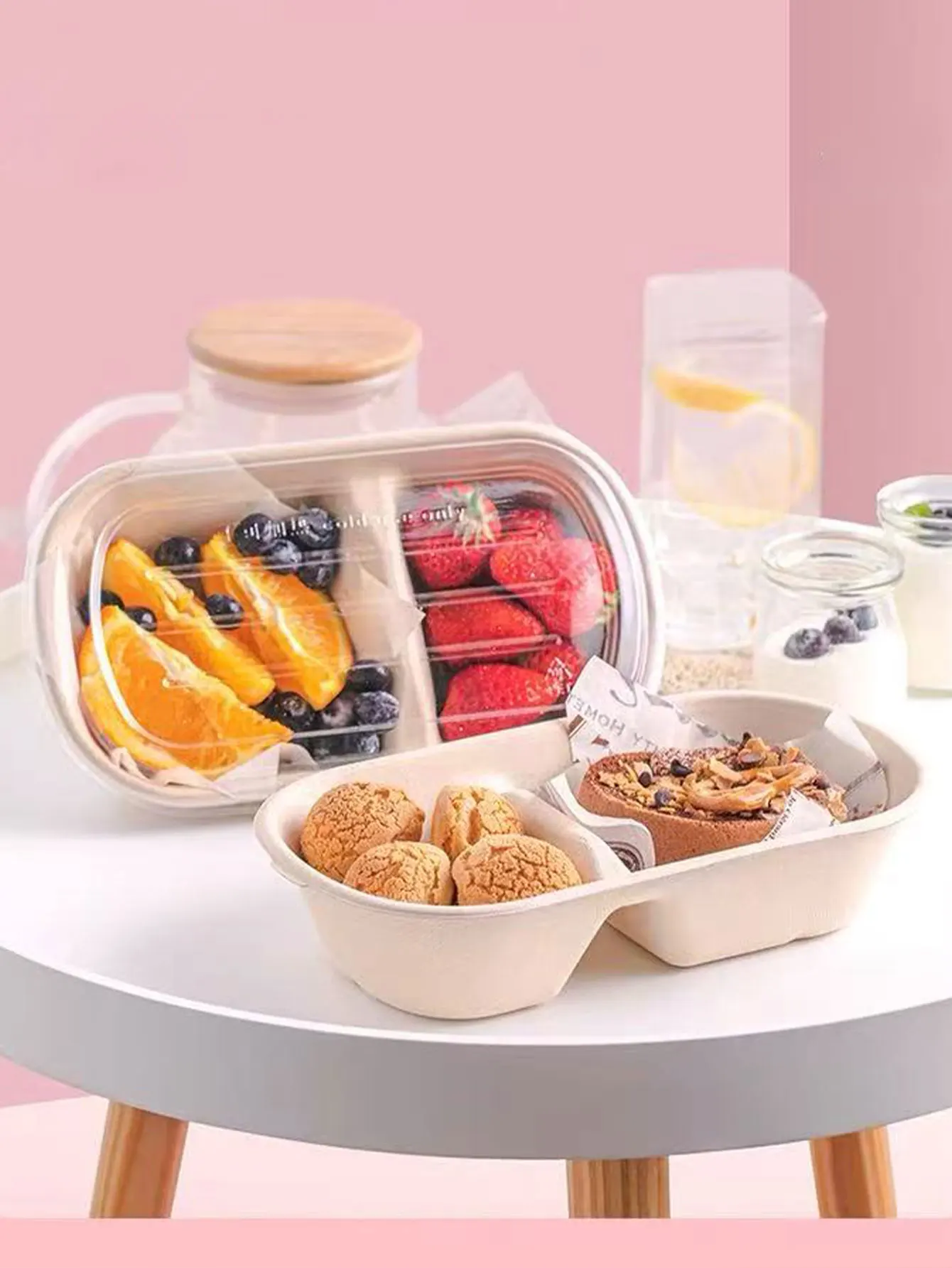 Disposable Fruit Packaging Box, 2-Compartment Fruit Cutting Box, Biodegradable Pulp Lunch Box, Spring Outing Cake Box with Lid