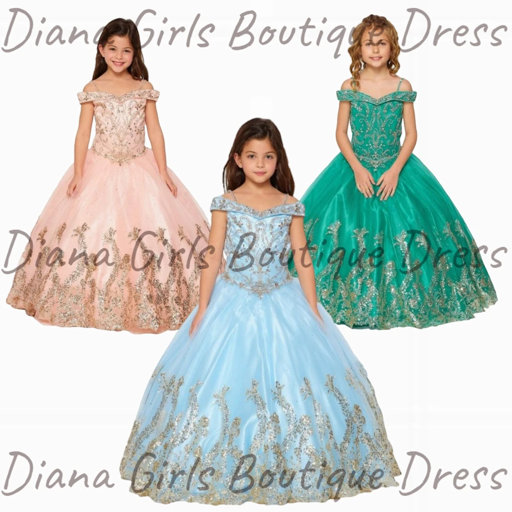 Luxuriöses grünes Ballkleid-Blumenmädchenkleid mit Pailletten für Brautkleider mit kurzen Ärmeln, Abschlussball, Party, Kindergeburtstag, Prinzessinnenkleider