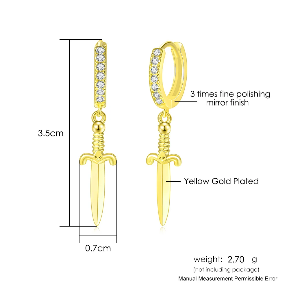 Sword Pendant Hoop Earrings for Women Punk Men Accessories Gold Color Crystal CZ Cartilage Dangle Ear Jewelry Wholesale KBE232