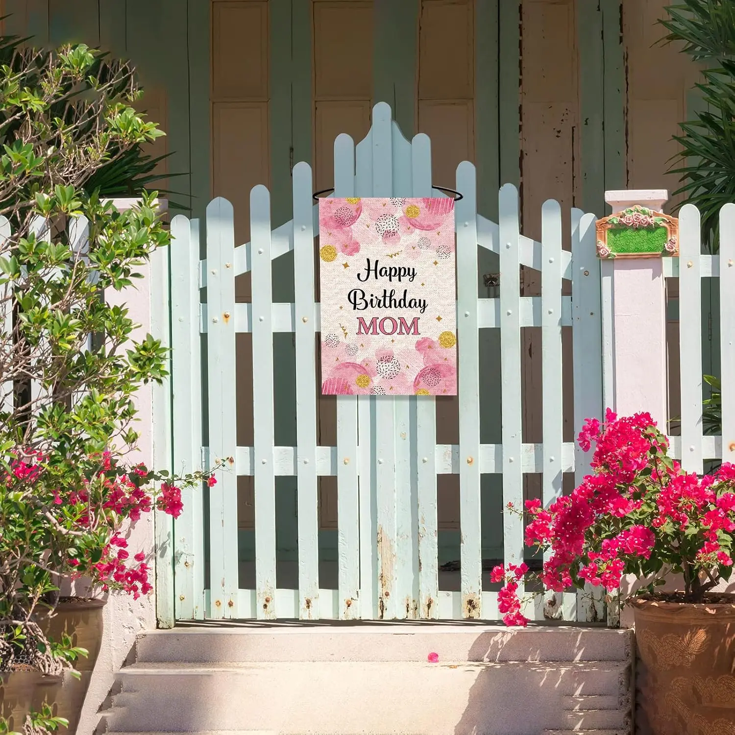 Happy Birthday Mom Garden Flag, Best Mother Gift Mama Birthday Banner Garden Flag Yard Outdoor Decor Sign, 12 x 18