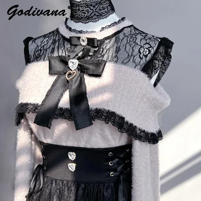 Japanese Mine New Autumn and Winter Off Shoulder Cute Bow Pullover Sweater Girl Women\'s Lolita Knitwear Top Fishtail Lace Skirt