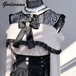 Japanese Mine New Autumn and Winter Off Shoulder Cute Bow Pullover Sweater Girl Women's Lolita Knitwear Top Fishtail Lace Skirt