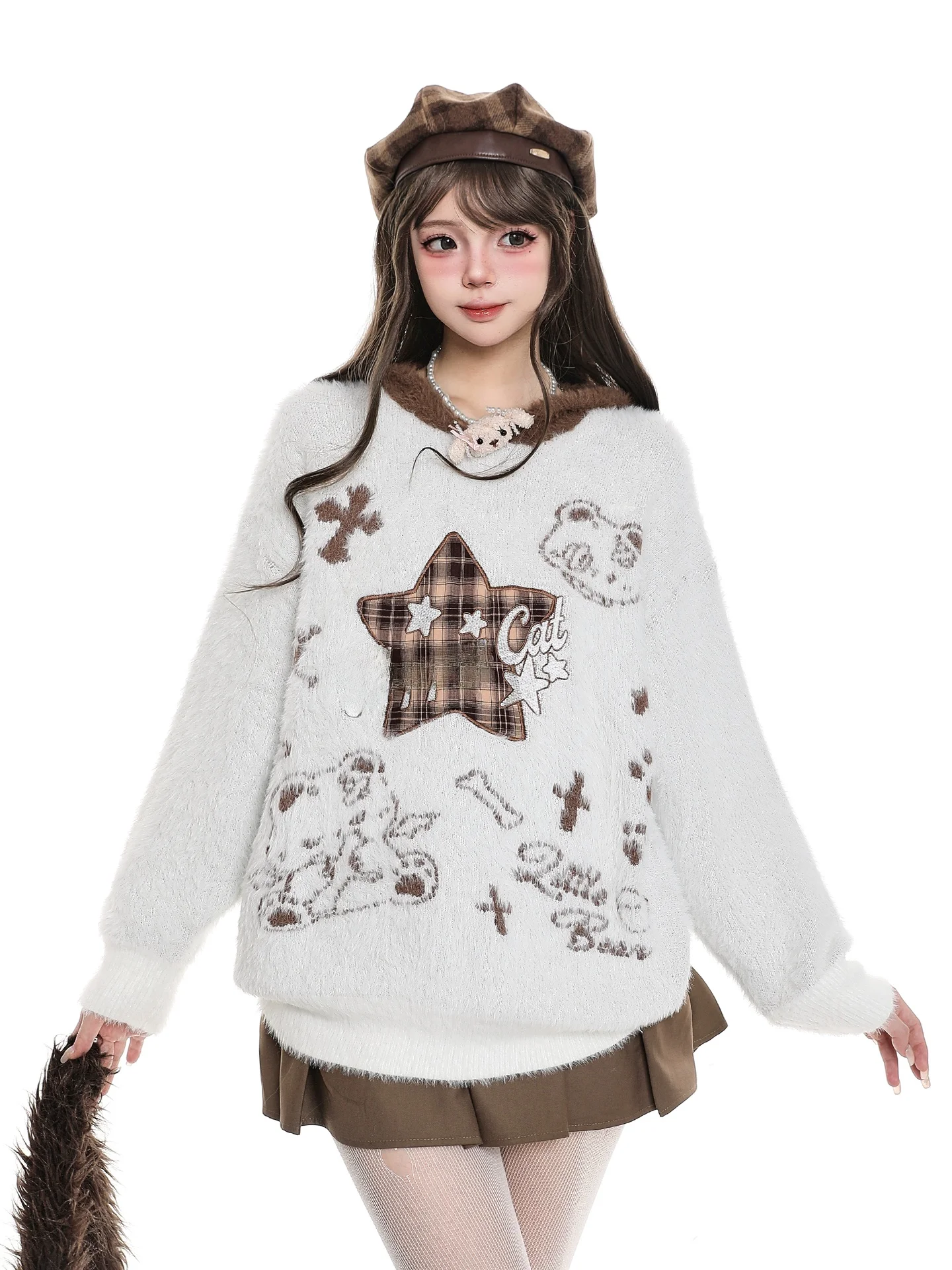 Sweet Cartoon Star Hat Knitted Sweater Women's Autumn Winter Soft Warm Loose Casual Hoodie Knitwear Female Fashion Style