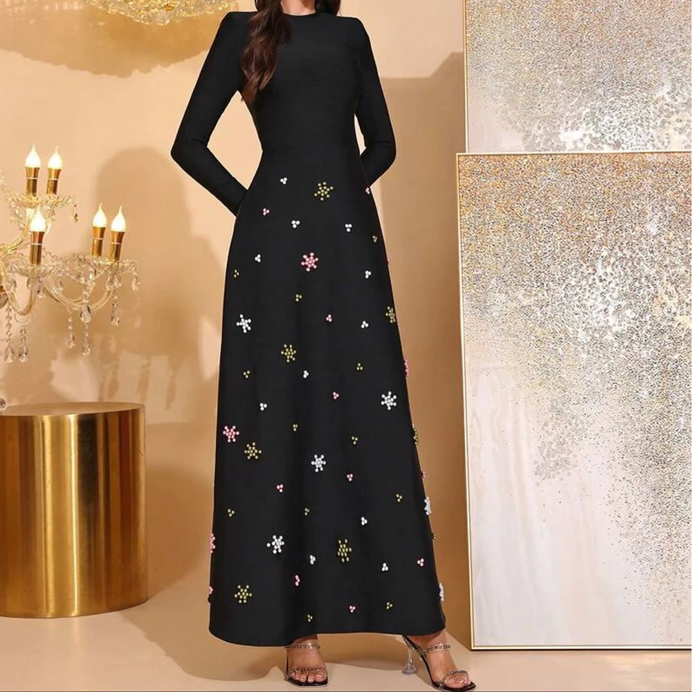 

Customized A-line Evening Dresses Ankle-length O-neck Full Sleeve Prom Gown Fsahion Beading Simple Draped Party Gown