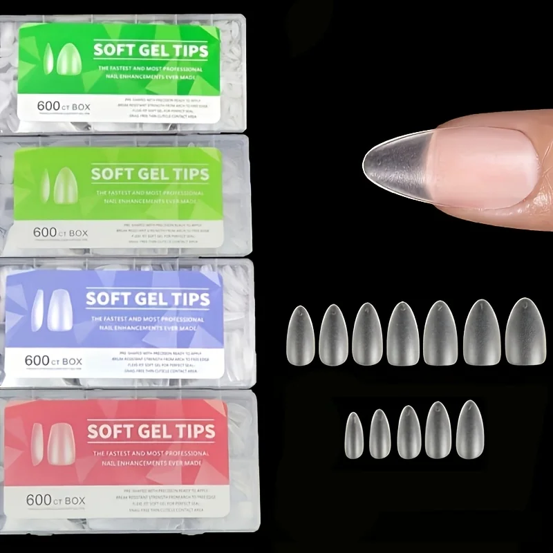 Caixa com 600 Pontas de Unha Amêndoa Curtas - Adesivos de Unha em Gel Fosco Aprimorados Sem Lixamento, Unhas Amêndoa Curtas Pré-Modeladas de Cobertura Total, Pontas de Unha Postiças de Acrílico Transparente para Extensões de Unha por Imersão, 12 Tamanhos