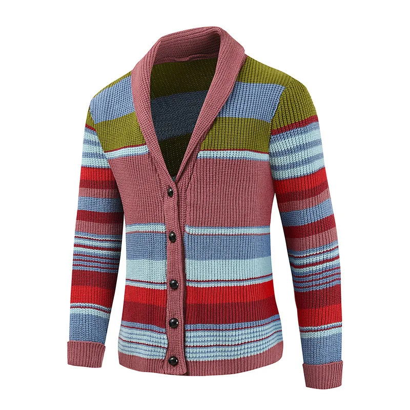 Herren Schalkragen Strickjacke Herbst Winter Farbblock Gestreifter Pullover Vintage Knopfleiste Lässige Lose Oberbekleidung Für M – Detail 15