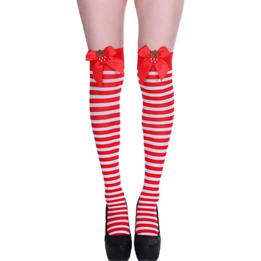 1 par de medias navideñas para mujer, calcetines hasta la rodilla a rayas con bloques de colores, decoración de lazo, medias ajustadas para actuaciones, calcetines largos para Cosplay