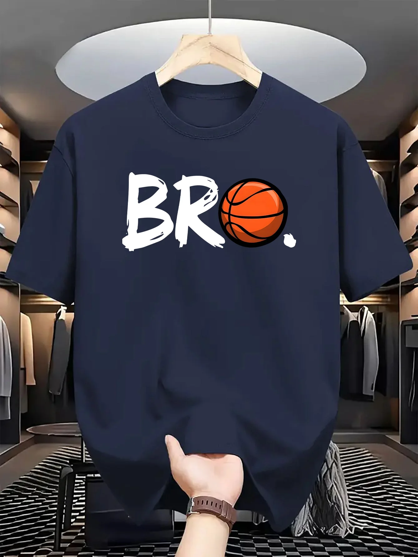 

men's casual summer pattern T-shirt lightweight polyester regular version round neck short sleeved "BRO" letter print design