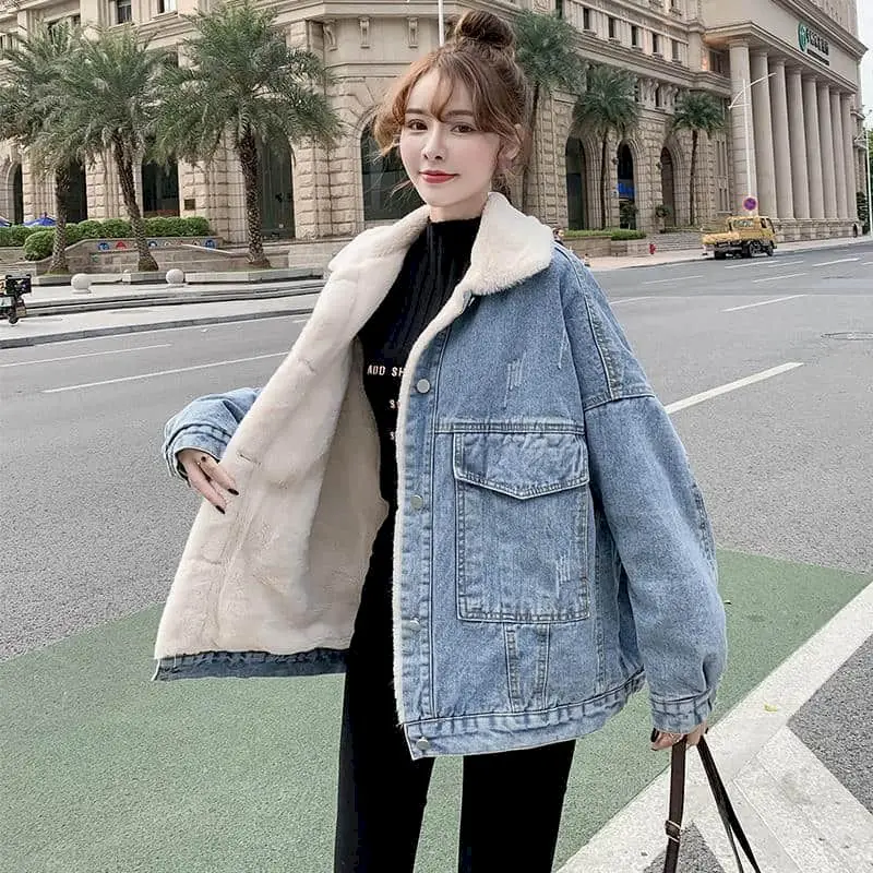 

Womens Lamb Wool Denim Jacket Vintage Fashion Coats Autumn Winter All-match Thicken Korean Loose Mid-length Casual Jean Jackets