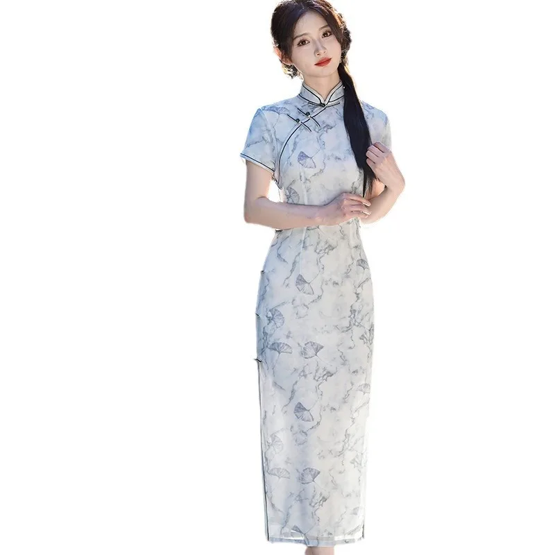 2023 neue Qipao Frauen Sexy Cheongsam Verbessern Chinesischen Stil Kleid Casual Outwear Doppel Layered Chiffon Bankett Kleid Vestidos