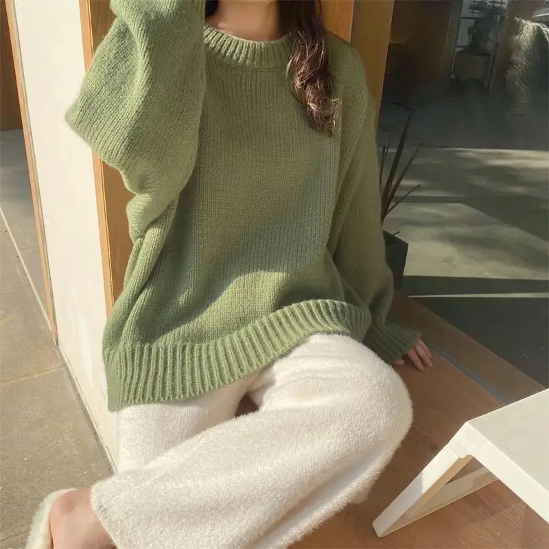 Basic Solid Knitted Pullovers Women New Winter All-match Loose Students Sweet Casual Simple Streetwear Vintage Cozy Harajuku Y2k