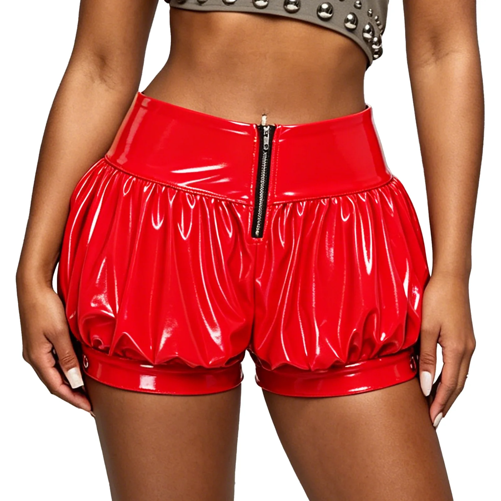 Women's Wet Look Patent Leather Bubble Shorts Zipper Ruched Y2K Glossy Hot Pants Rave Party Music Festival Clubwear Streetwear
