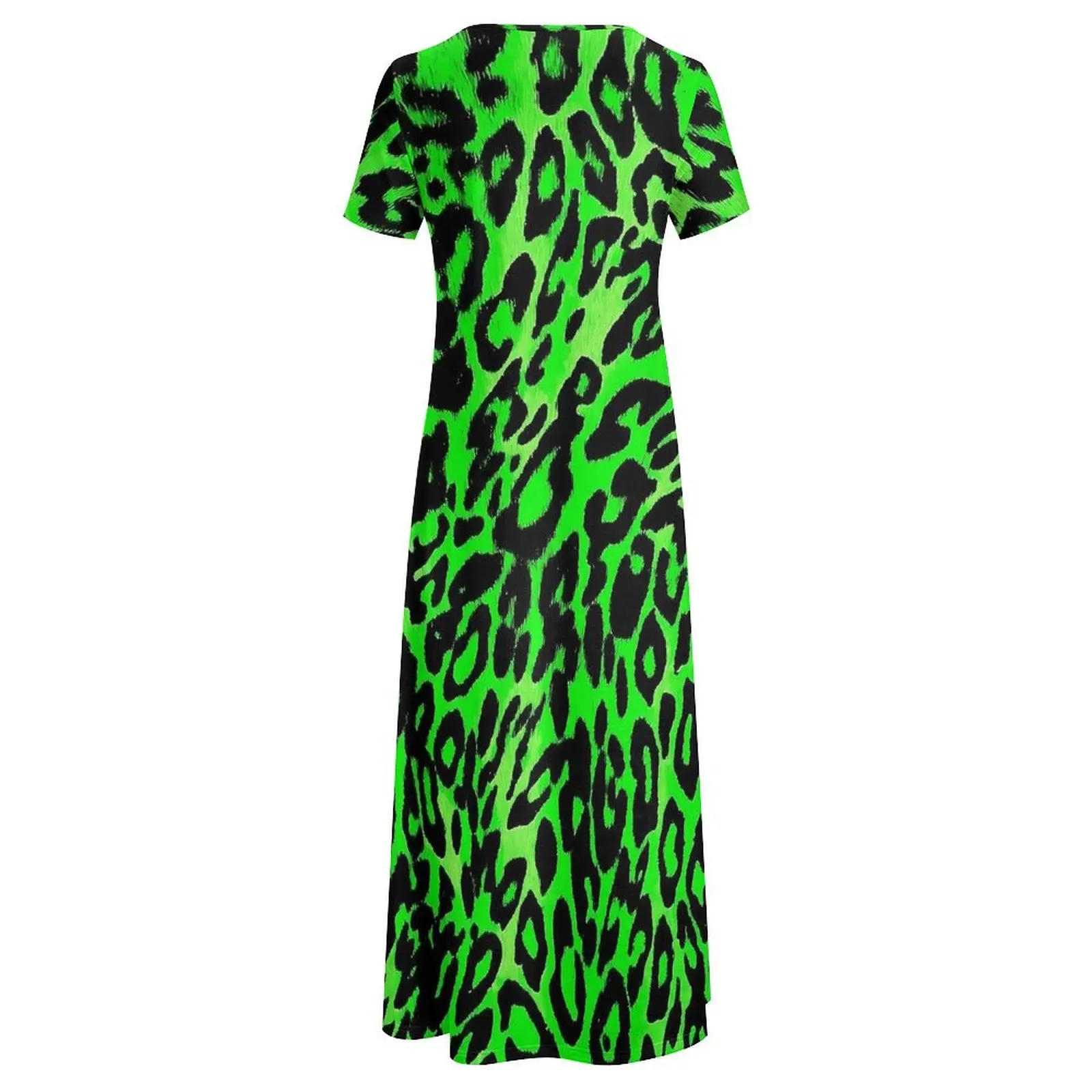 Abito con texture leopardata verde Abito maxi retrò con animali Street Style Boho Beach Abiti lunghi da donna Manica corta Abbigliamento oversize