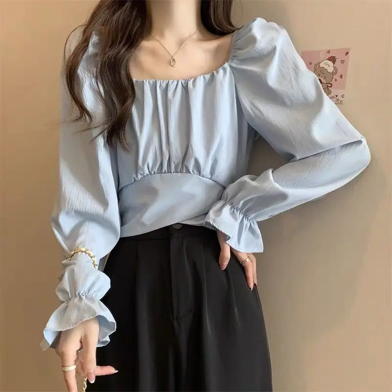 French Style Collarbone Square Neck Bubble Sleeve Shirt for Women\'s Spring New Long Sleeves Unique Short Strap Chiffon Chic Top