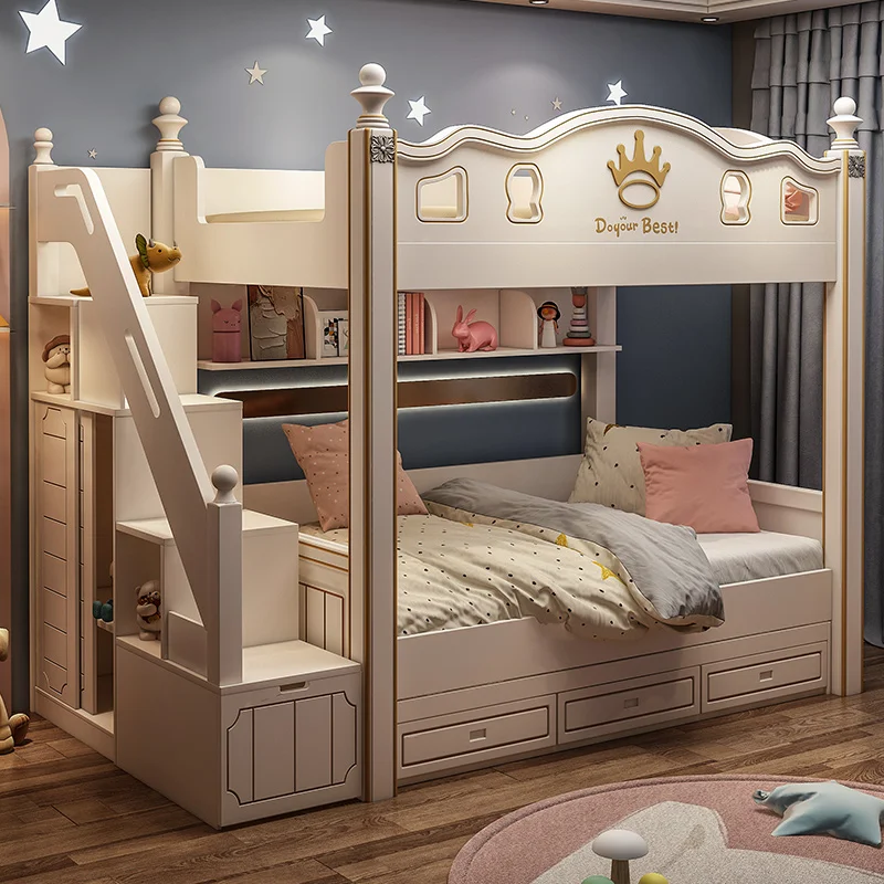 Double decker bed with two upper and lower bunks, girl's princess bed, solid wood high and low bed, wood double bed