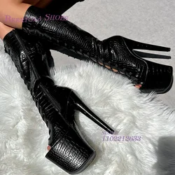 Stivali a spillo con motivo a pietra nera cerniera laterale stivaletti pieghettati in pelle piena Pole Dance donna Sexy stringate scarpe con tacco da 15Cm